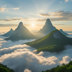 Floating mountains above the clouds, golden sunrise, lush green forests, surreal landscape, peaceful and dreamy atmosphere

