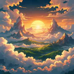 Floating mountains above the clouds, golden sunrise, lush green forests, surreal landscape, peaceful and dreamy atmosphere
