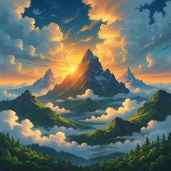 Floating mountains above the clouds, golden sunrise, lush green forests, surreal landscape, peaceful and dreamy atmosphere
