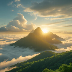 Floating mountains above the clouds, golden sunrise, lush green forests, surreal landscape, peaceful and dreamy atmosphere
