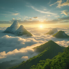 Floating mountains above the clouds, golden sunrise, lush green forests, surreal landscape, peaceful and dreamy atmosphere
