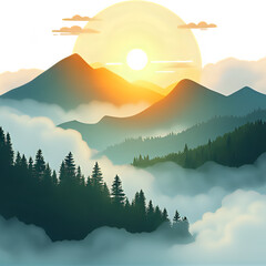 Floating mountains above the clouds, golden sunrise, lush green forests, surreal landscape, peaceful and dreamy atmosphere
