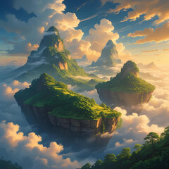 Floating mountains above the clouds, golden sunrise, lush green forests, surreal landscape, peaceful and dreamy atmosphere
