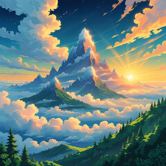 Floating mountains above the clouds, golden sunrise, lush green forests, surreal landscape, peaceful and dreamy atmosphere

