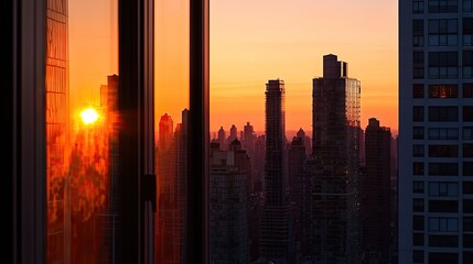 City skyline reflected in glass at sunset.