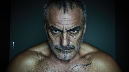 Close-up portrait of a mature man expressing anger.