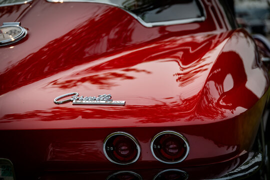 Rear Detail of 1963 Classic Red Corvette Sting Ray Emblem and Taillights