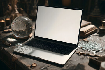 Laptop mockup on dark table illuminated by soft candlelight with spooky Halloween setting.