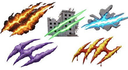 Dynamic graphic elements energy explosions damage structures and claw marks