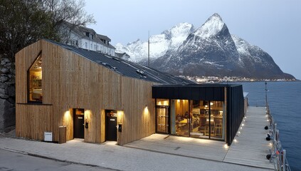 Modern waterfront building with wooden facade, nestled beside a fjord and snow-capped mountains