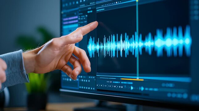 Hand Gestures Interacting with Digital Audio Waveform on Computer Screen Exploring AIs Impact on Job Displacement in Digital Media and Sound Editing