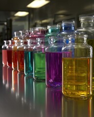 Glass Reagent Bottles Filled with Colored Solutions Under Sterile Laboratory Lighting, Reflections on Stainless Steel Surface Highlighting Scientific Clarity and Symmetrical Composition

