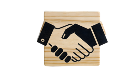 Handshake Icon on Wooden Block Isolated on Black Background – Business Agreement Concept.
