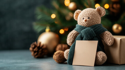 Cozy Crochet Teddy Bear Near Christmas Gifts and Ornaments on a Festive Table