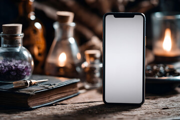 Halloween smartphone mockup beside a spellcasting setup and potions
