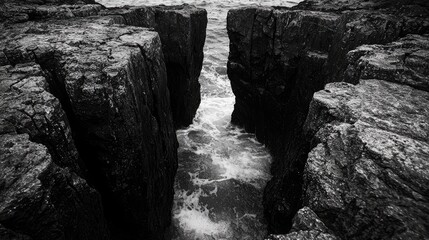Fototapeta premium Dramatic rocky formations meet churning water.