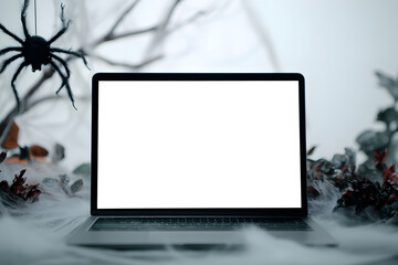 Laptop mockup with spider decor and foggy Halloween scene.