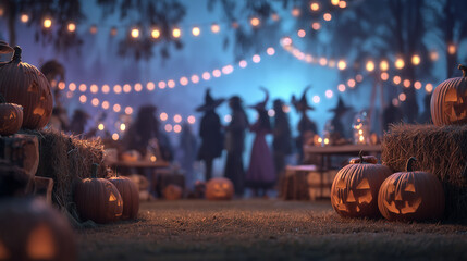 Night party scene in pumpkin patch, string lights, hay bales as seating, carved glowing pumpkins all around