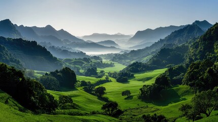 Obraz premium Lush valley nestled amongst misty mountains.