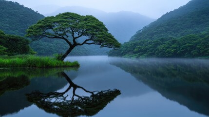 Serene lake landscape reflecting a solitary tree.
