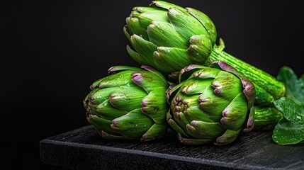 Fototapeta premium Three fresh artichokes on a dark wooden surface.
