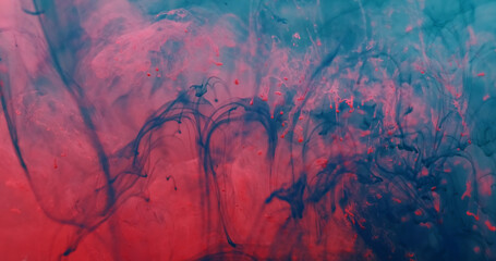 Smoke stream. Pigment blend. Red turquoise drop spill in defocused cloud water. Steam splash color pigment swirl mix abstract background.