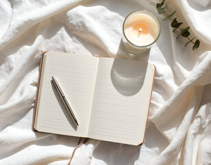 A tranquil flat lay of a pen resting on open planner pages with a lit candle and eucalyptus on a soft white linen background.