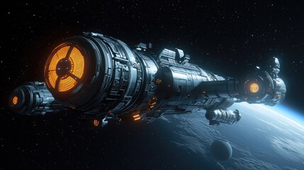 Futuristic spacecraft in deep space near a planet.