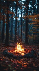 A cozy campfire crackles amidst a serene, autumn forest, surrounded by vibrant orange leaves and tall trees, creating a warm, inviting atmosphere.