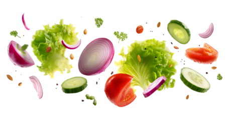 Flying organic salad vegetables isolated on a transparent background
