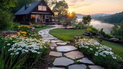 Fototapeta premium Serene wooden cabin overlooking a peaceful river at sunset.