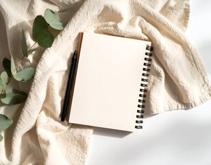 A serene top-down flat lay of a blank spiral drawing pad and a black fineliner pen resting on soft cream cotton fabric, accented with eucalyptus.