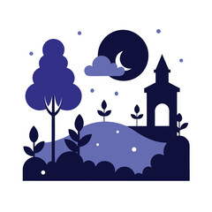 Naklejka premium Stylized Blue Landscape with Moonlit Church and Tree background building