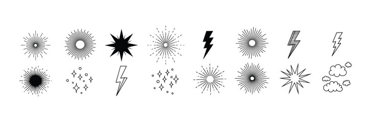 Obraz premium Sun, Star, and Lightning Flash Icons - Black and White Vector Set