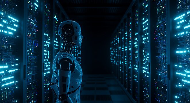 Futuristic robot standing in a neon light corridor