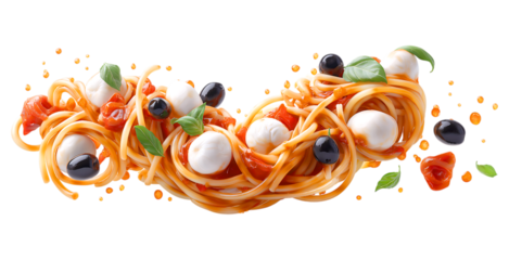 Spaghetti with mozzarella with tomato sauce, olives and basil leaves like flying in the air isolated on a transparent background