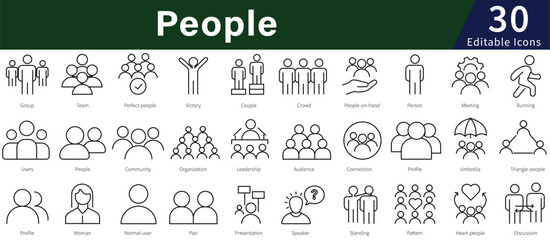 People Line Icons Set with Editable Stroke for Human, Person, Social, and Community Relations