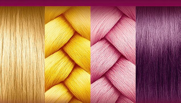 Close-up of blonde, yellow, pink, and purple hair strands.  Three sections show braided textures