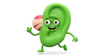 Cartoon green ear character with a happy expression on a white background