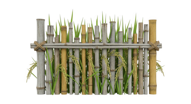 Rustic Bamboo Fence With Rice Plants