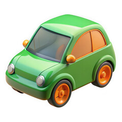A charming small green cartoon car with orange wheels and windows isolated on transparent background