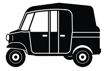 Black and White Silhouette Illustration of an Enclosed ThreeWheeled Auto Rickshaw Taxi Vehicle