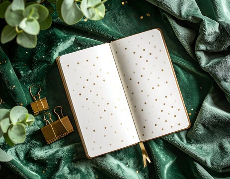 Elegant flat lay of a journaling setup with a dotted notebook, gold binder clips, and eucalyptus on a rich green velvet background. - Powered by Adobe