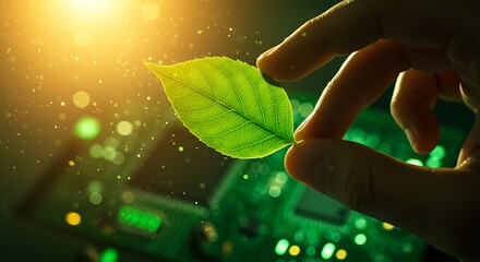 Green technology innovation with natural leaf and digital circuitry