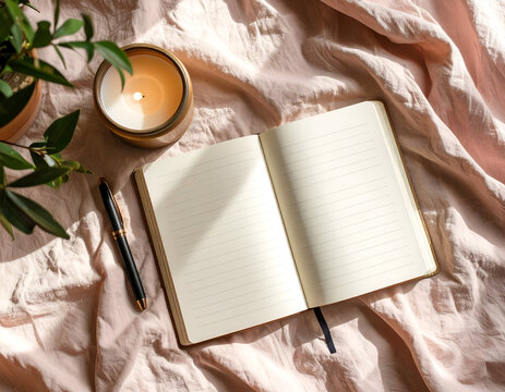 Serene flat lay of a personal journaling session, featuring a lit candle, elegant pen, and an open notebook on a sunlit dusty rose fabric.