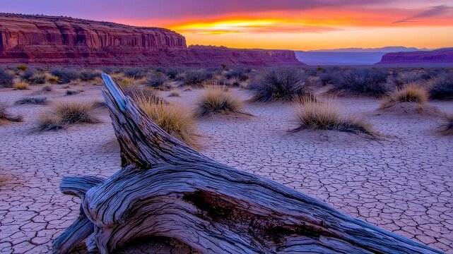 Desert Sunset: Dramatic Landscape with Ancient Wood and Vibrant Sky
