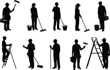 Fototapeta premium Silhouette workers with tools, mop, paint roller, ladder, bucket, cleaner, maintenance, painting, cleaning service, isolated on white background