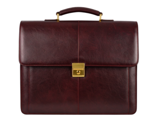 Elegant brown leather briefcase with shiny gold lock, transparent background PNG