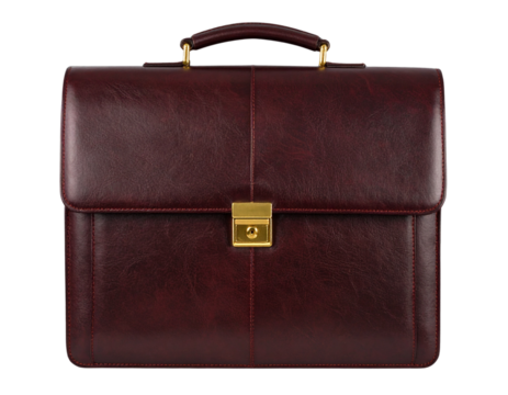 Elegant brown leather briefcase with shiny gold lock, transparent background PNG