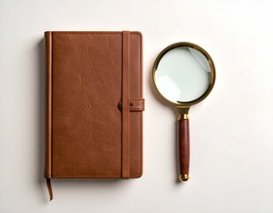 A flat lay of a brown leather-bound journal and a vintage brass magnifying glass, symbolizing research, discovery, and planning.